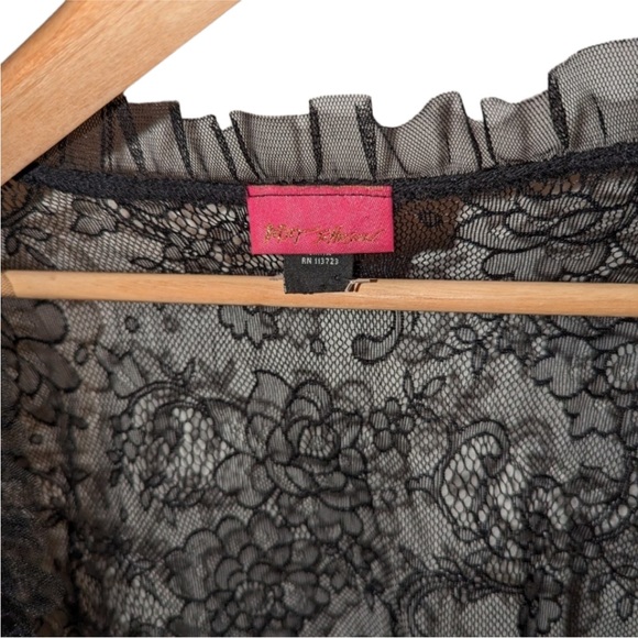 Betsey Johnson Black Lace Bell Sleeve Tulle Front Tie Waist Crop Blouse - Picture 13 of 16